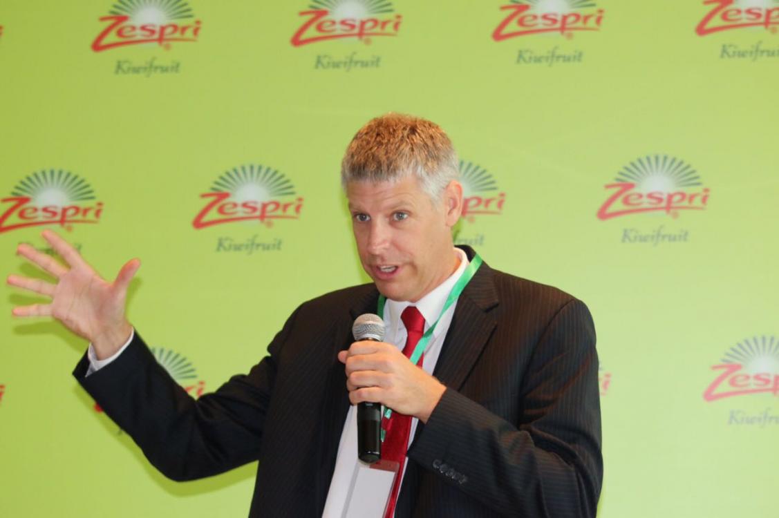 Lain Jager, Zespri CEO, speaks at an April 21 event in Shanghai